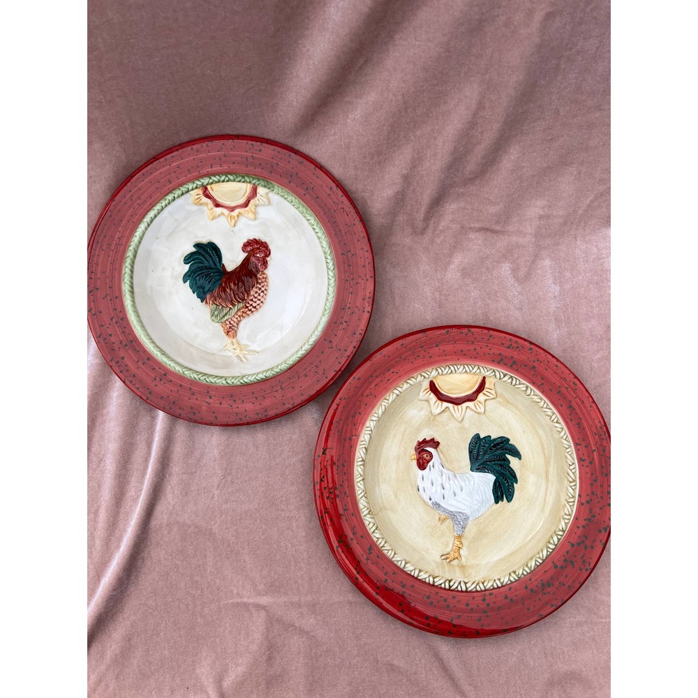 MWW Market Pair of Rooster Plates (" Chicken Red